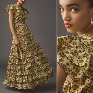 Mac Duggal 70114 Size 18 Yellow Tan Floral Ruffled Tiered Long Maxi Gown Dress